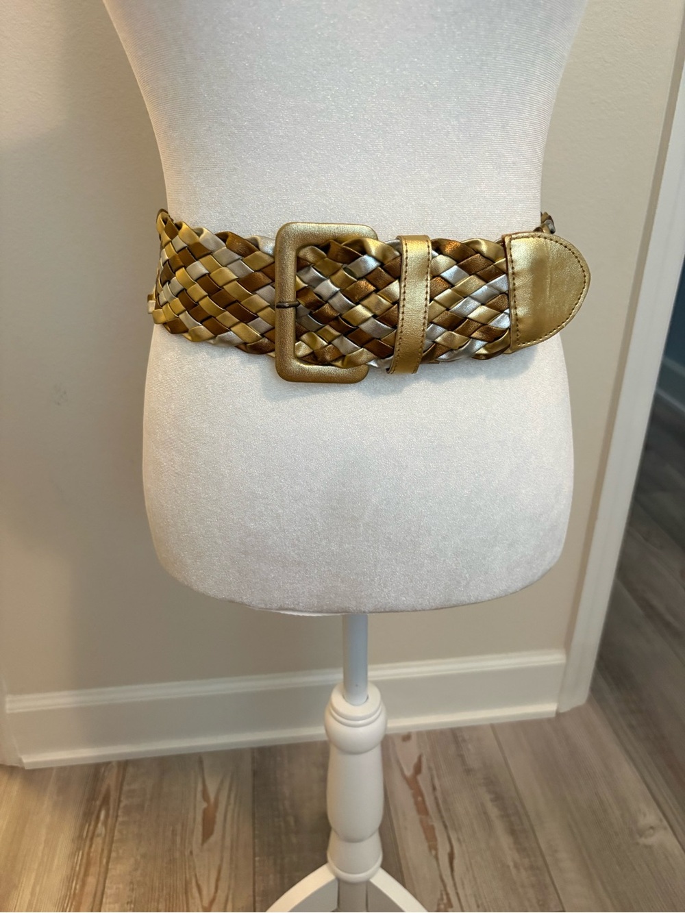 Vintage Braided Metallic Gold Waist Belt with Square Buckle.